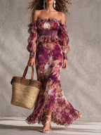 Vestido Maxi en Chifón Rosa con Hombros Descubiertos