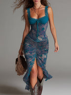 Vestido Midi Floral Azul con Acabados en Encaje