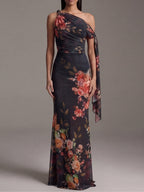 Vestido Maxi Plisado Negro de Un Hombro