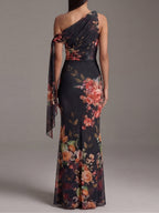 Vestido Maxi Plisado Negro a Hombro Única