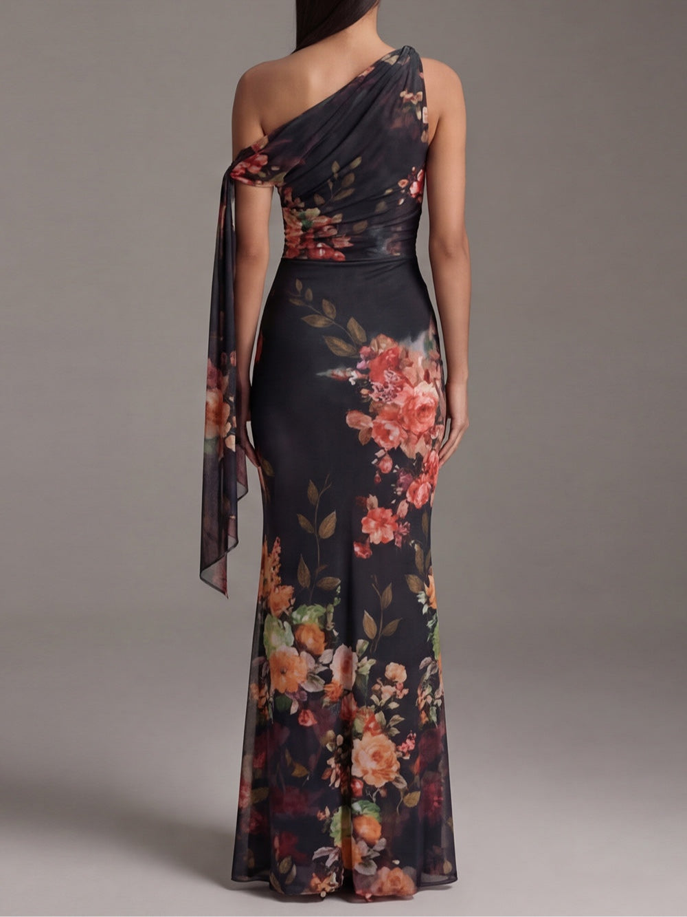 Vestido Maxi Plisado Negro a Hombro Única