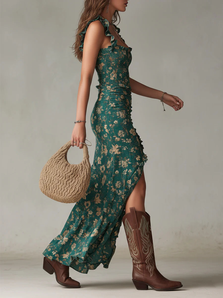 Vestido Maxi Estampado Verde Bohemio con Mangas Volante