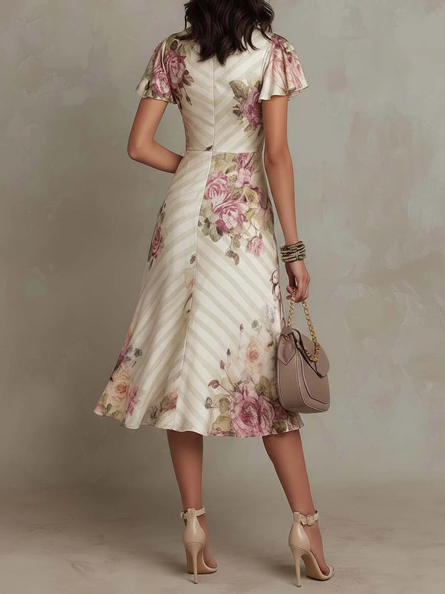 Alba - Vestido midi de satén floral elegante retro
