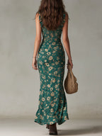 Vestido Maxi Estampado Verde Bohemio con Mangas Volante