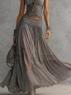 Conjunto de Top de Encaje Gris y Falda Maxi Plisada