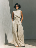 Maria - Conjunto minimalista de top sin mangas y pantalones anchos de algodón y lino