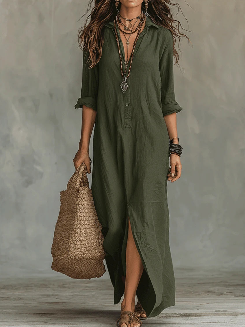 Soline™ | Vestido maxi negro holgado con botones