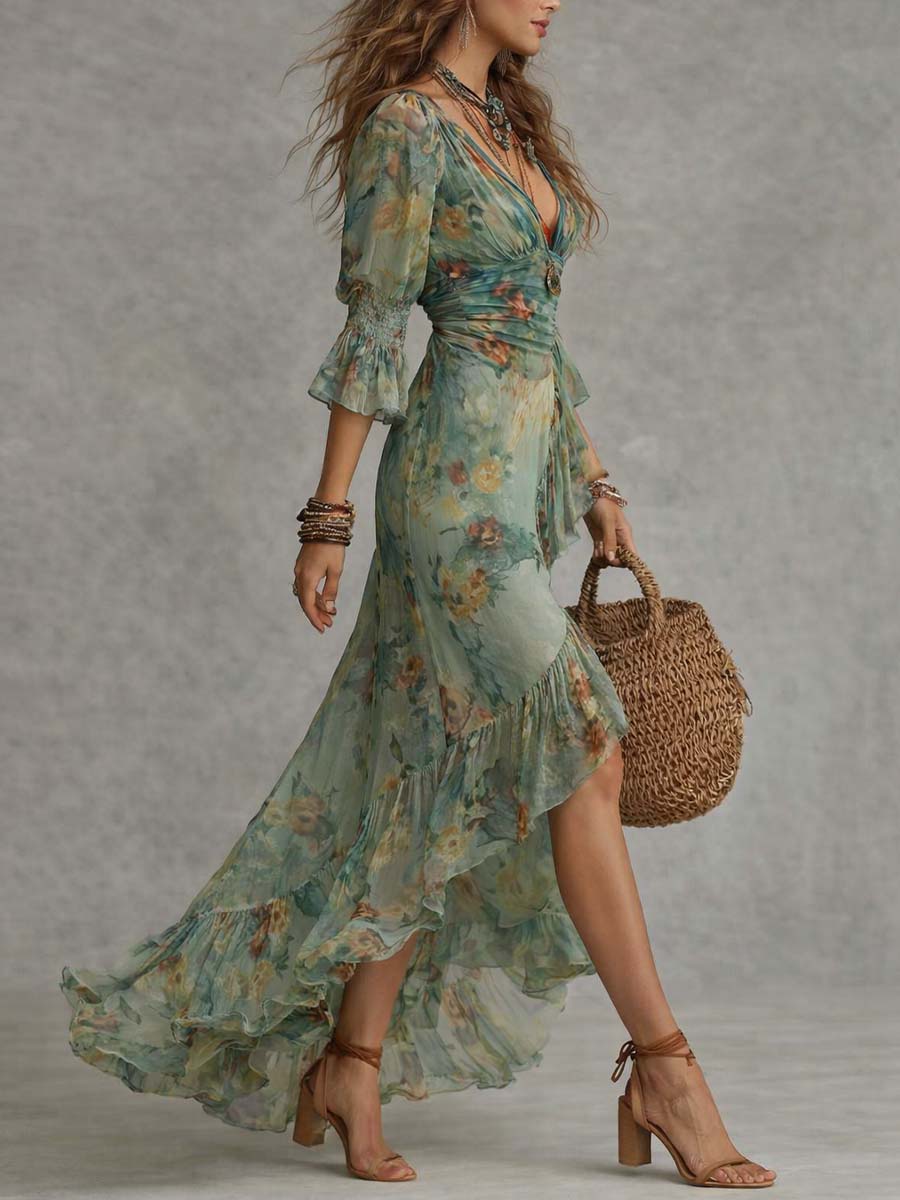 Aurora - vestido largo floral boho con orlo asimétrico romántico