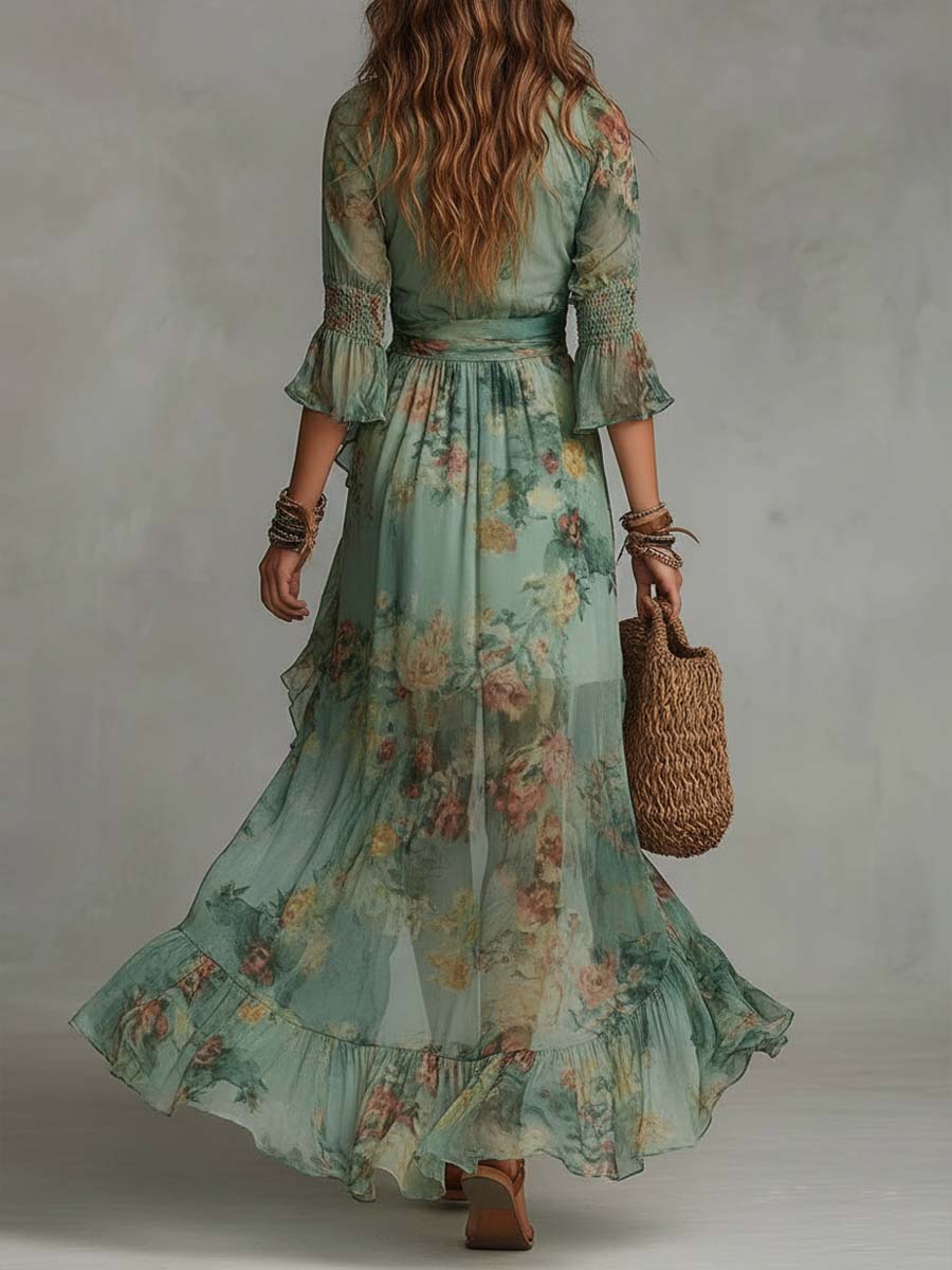 Aurora - vestido largo floral boho con orlo asimétrico romántico