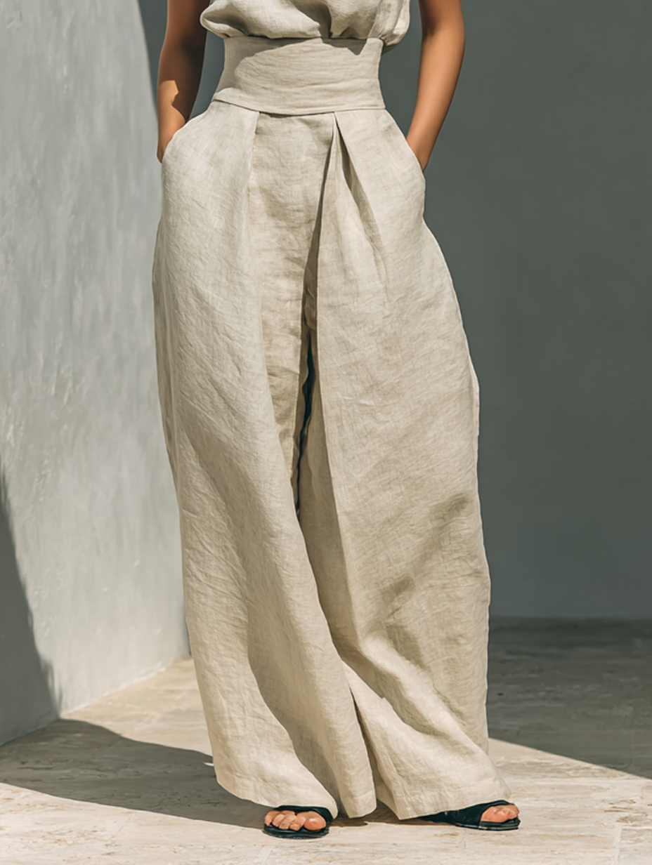 Maria - Conjunto minimalista de top sin mangas y pantalones anchos de algodón y lino