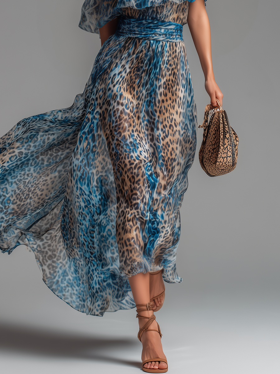 Selvaggia - Vestido largo de chifón con eestampadodo de leopardo y hombros descubiertos
