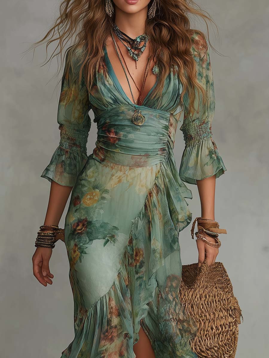 Aurora - vestido largo floral boho con orlo asimétrico romántico