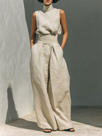 Maria - Conjunto minimalista de top sin mangas y pantalones anchos de algodón y lino