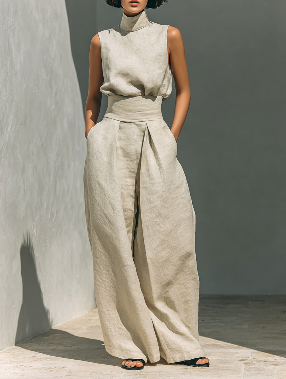 Maria - Conjunto minimalista de top sin mangas y pantalones anchos de algodón y lino