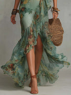Aurora - vestido largo floral boho con orlo asimétrico romántico