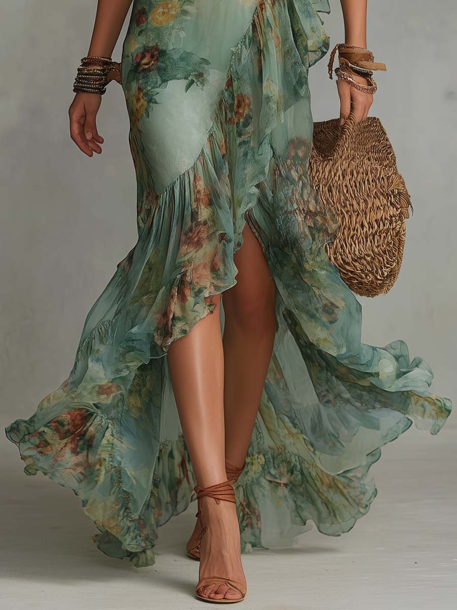 Aurora - vestido largo floral boho con orlo asimétrico romántico