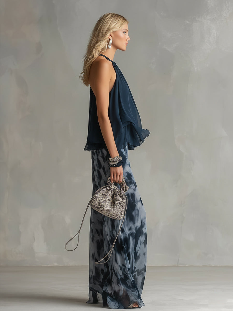 Ludovica - elegante de chifón con top a cuello alto y pantalones anchos eestampadodos