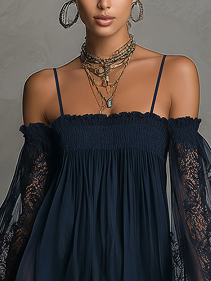 Noemi - Vestido mini de chifón azul marino con scollo a hombros descubiertos, borde de encaje y mangas transparentes
