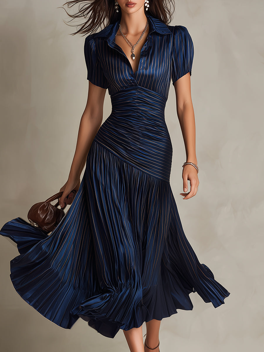 Adriana - Vestido midi de satén de rayas retro