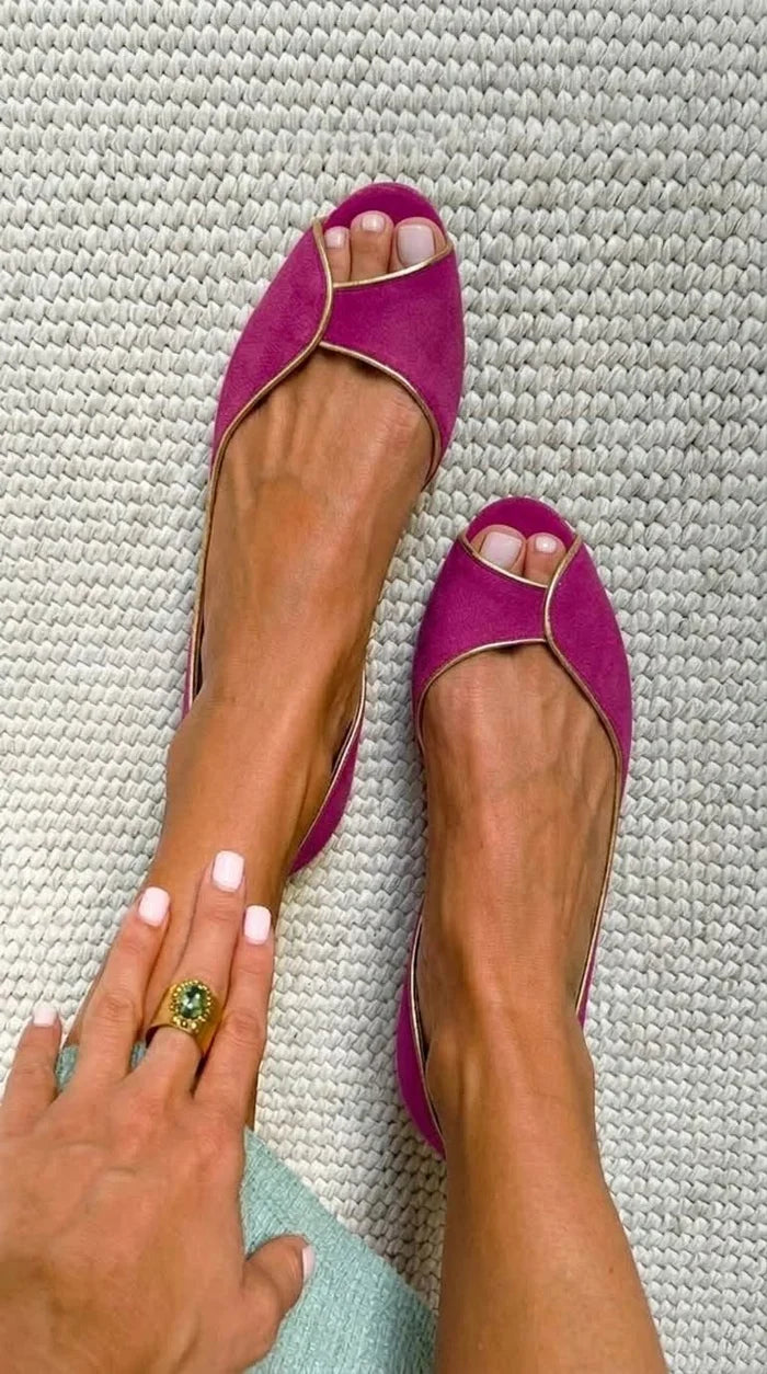 Clara Bailarinas de Ante con Punta Abierta en Beige y Dorado