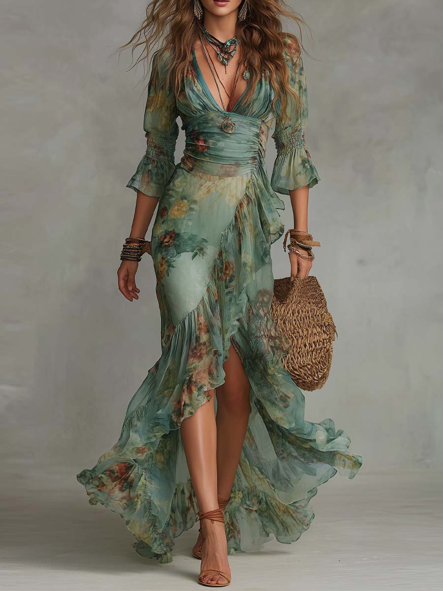 Aurora - vestido largo floral boho con orlo asimétrico romántico
