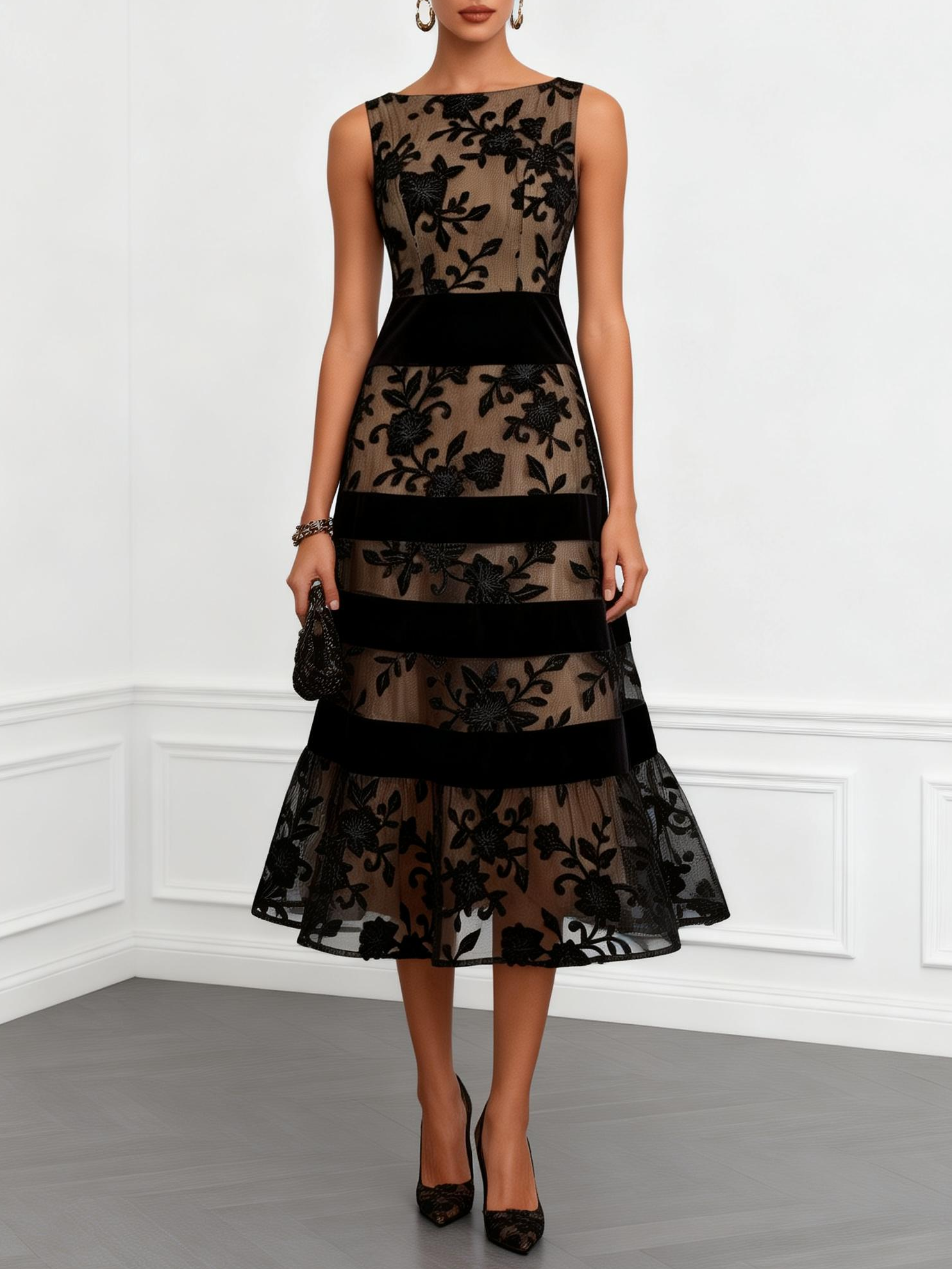 Vestido Midi A-Line Sin Mangas en Malla Negra con Flores