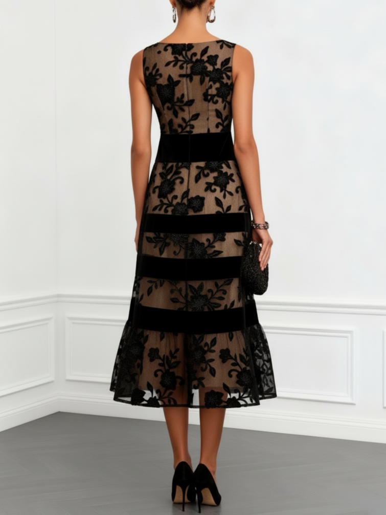 Vestido Midi Línea A sin Mangas de Tul Negro con Flores