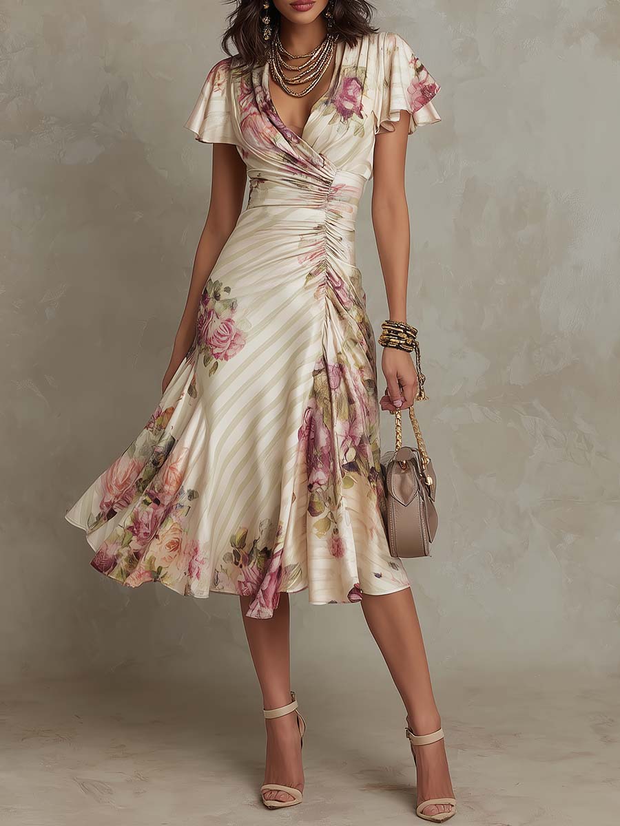 Alba - Vestido midi de satén floral elegante retro