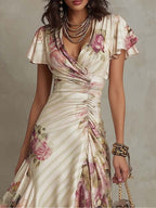 Alba - Vestido midi de satén floral elegante retro