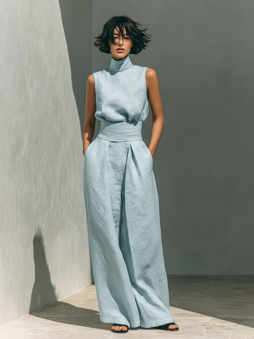 Maria - Conjunto minimalista de top sin mangas y pantalones anchos de algodón y lino