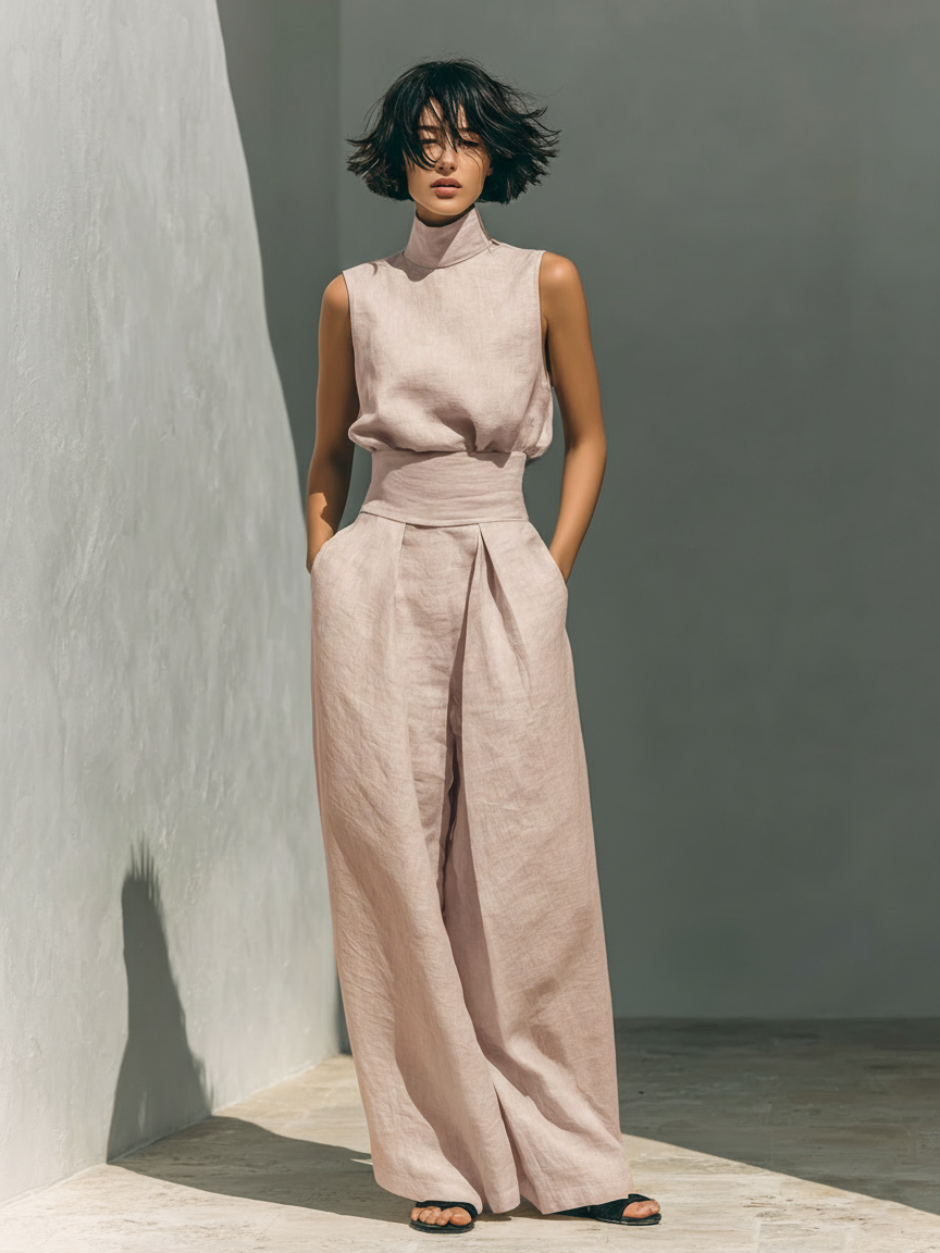 Maria - Conjunto minimalista de top sin mangas y pantalones anchos de algodón y lino