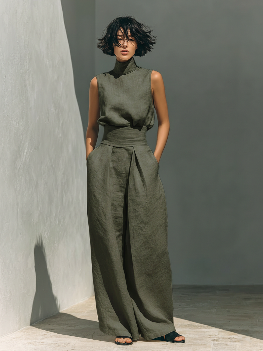 Maria - Conjunto minimalista de top sin mangas y pantalones anchos de algodón y lino