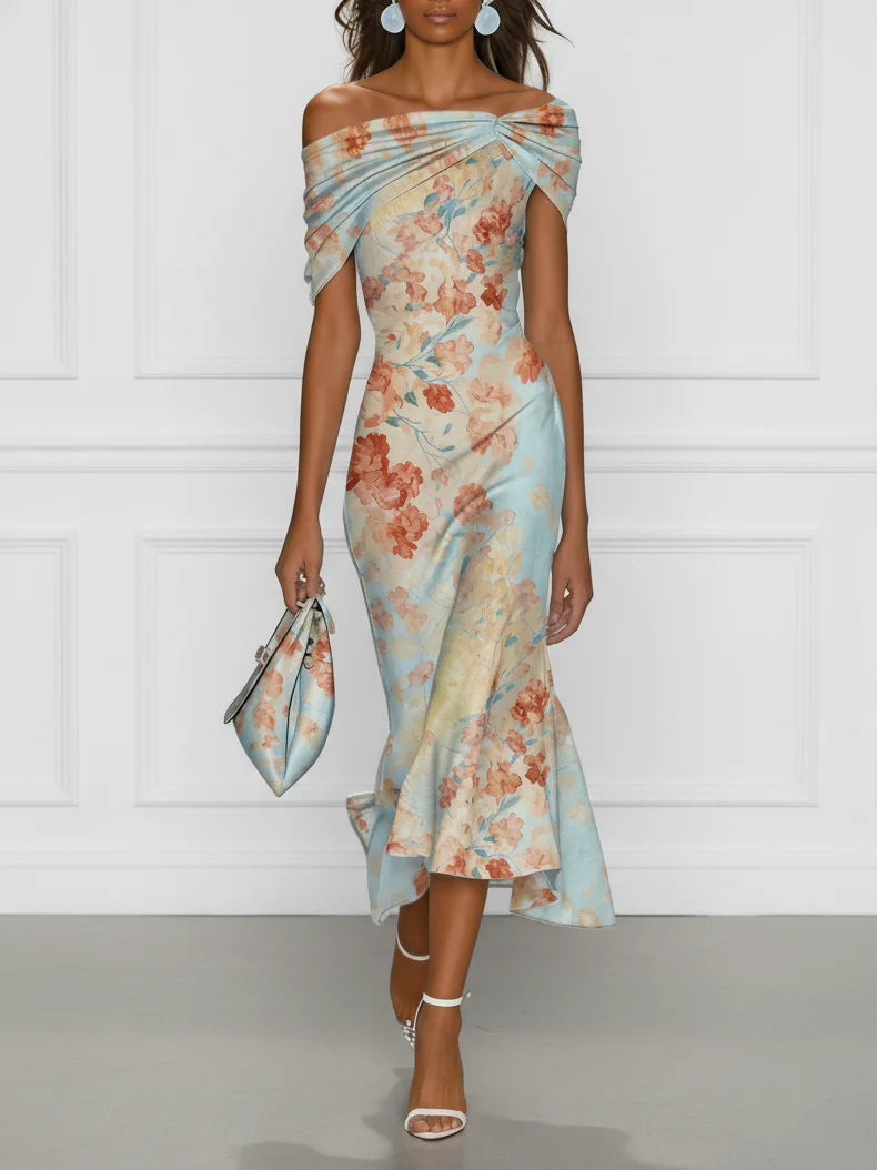 Vittoria - Vestido midi sirena sin mangas, hombros descubiertos y estampado floral azul