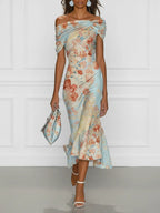 Vittoria - Vestido midi sirena sin mangas, hombros descubiertos y estampado floral azul