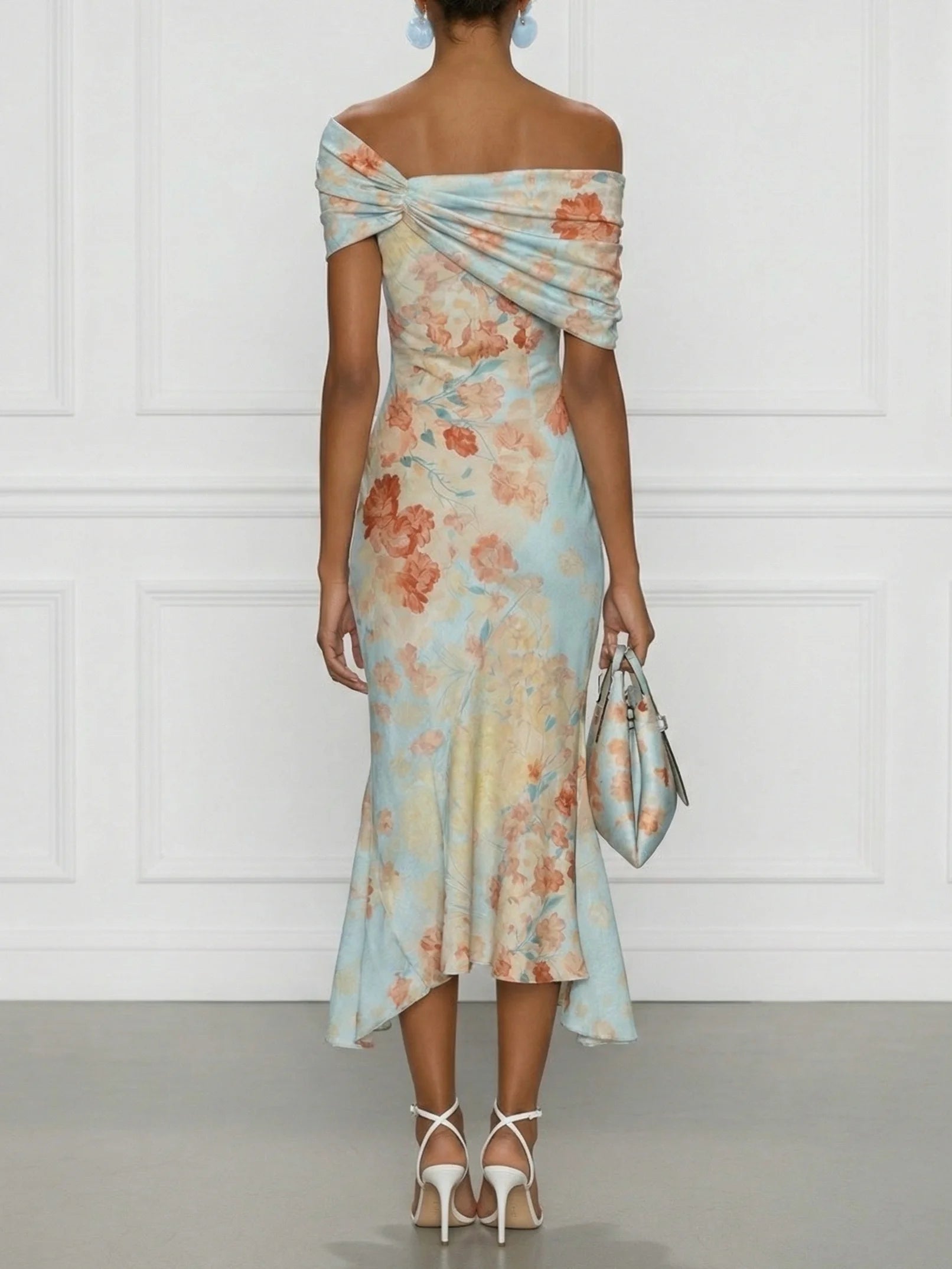 Vittoria - Vestido midi sirena sin mangas, hombros descubiertos y estampado floral azul