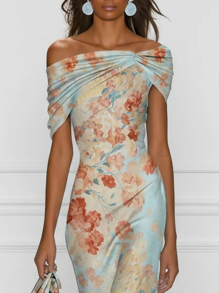 Vittoria - Vestido midi sirena sin mangas, hombros descubiertos y estampado floral azul