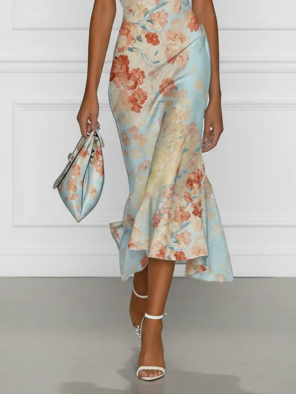 Vittoria - Vestido midi sirena sin mangas, hombros descubiertos y estampado floral azul