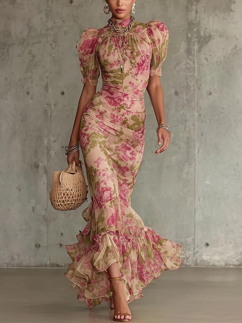 Fiora - Vestido largo con eestampadodo vintage de rosas y mangas abullonadas