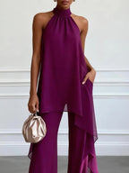 Conjunto de Top Morado sin Mangas y Pantalones