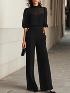 Valentina - Conjunto de tres piezas negro, compuesto por top camisole transparente y pantalones de pierna ancha