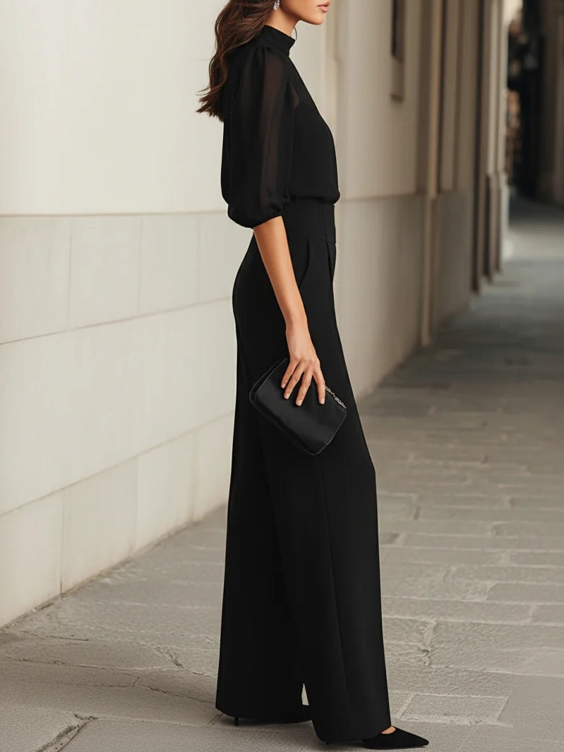 Valentina - Conjunto de tres piezas negro, compuesto por top camisole transparente y pantalones de pierna ancha