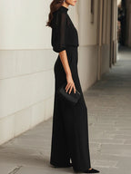 Valentina - Conjunto de tres piezas negro, compuesto por top camisole transparente y pantalones de pierna ancha