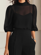 Valentina - Conjunto de tres piezas negro, compuesto por top camisole transparente y pantalones de pierna ancha