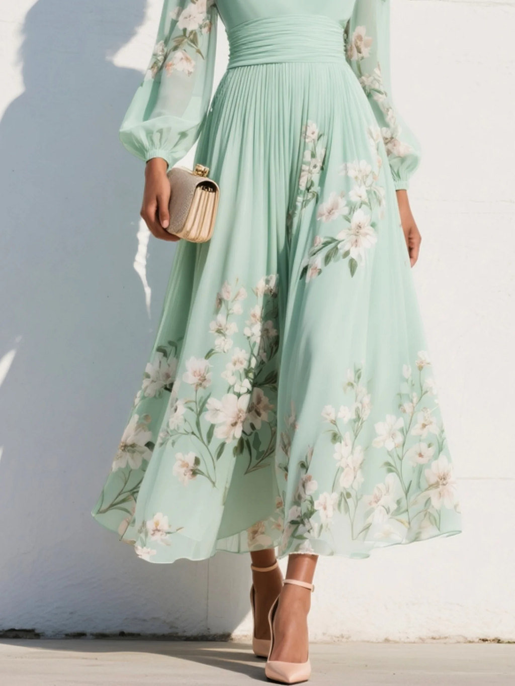 Vestido maxi plisado de chifón verde menta con estampado floral