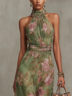 Serena - Vestido largo verde floral de chifón con scollo a halter