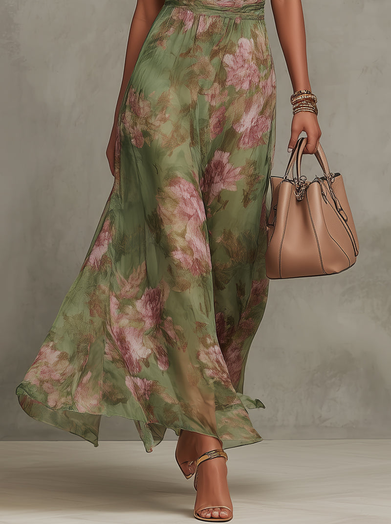 Serena - Vestido largo verde floral de chifón con scollo a halter