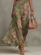 Serena - Vestido largo verde floral de chifón con scollo a halter