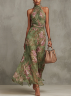 Serena - Vestido largo verde floral de chifón con scollo a halter
