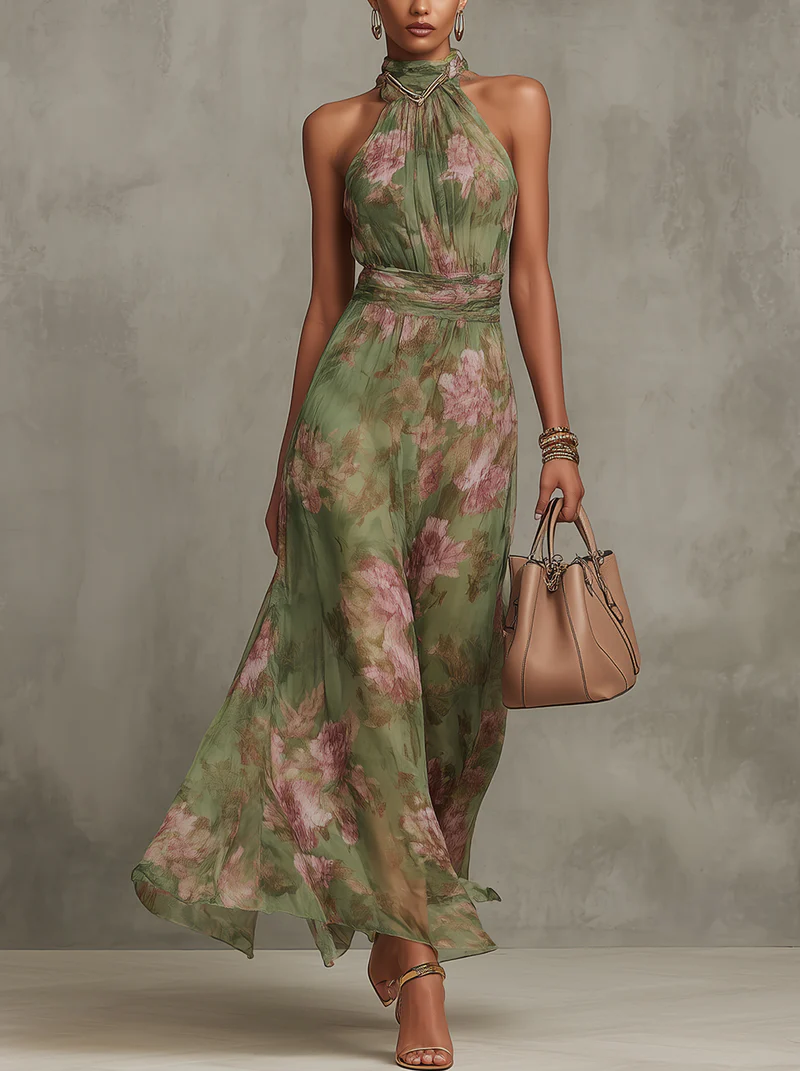 Serena - Vestido largo verde floral de chifón con scollo a halter