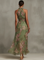 Serena - Vestido largo verde floral de chifón con scollo a halter